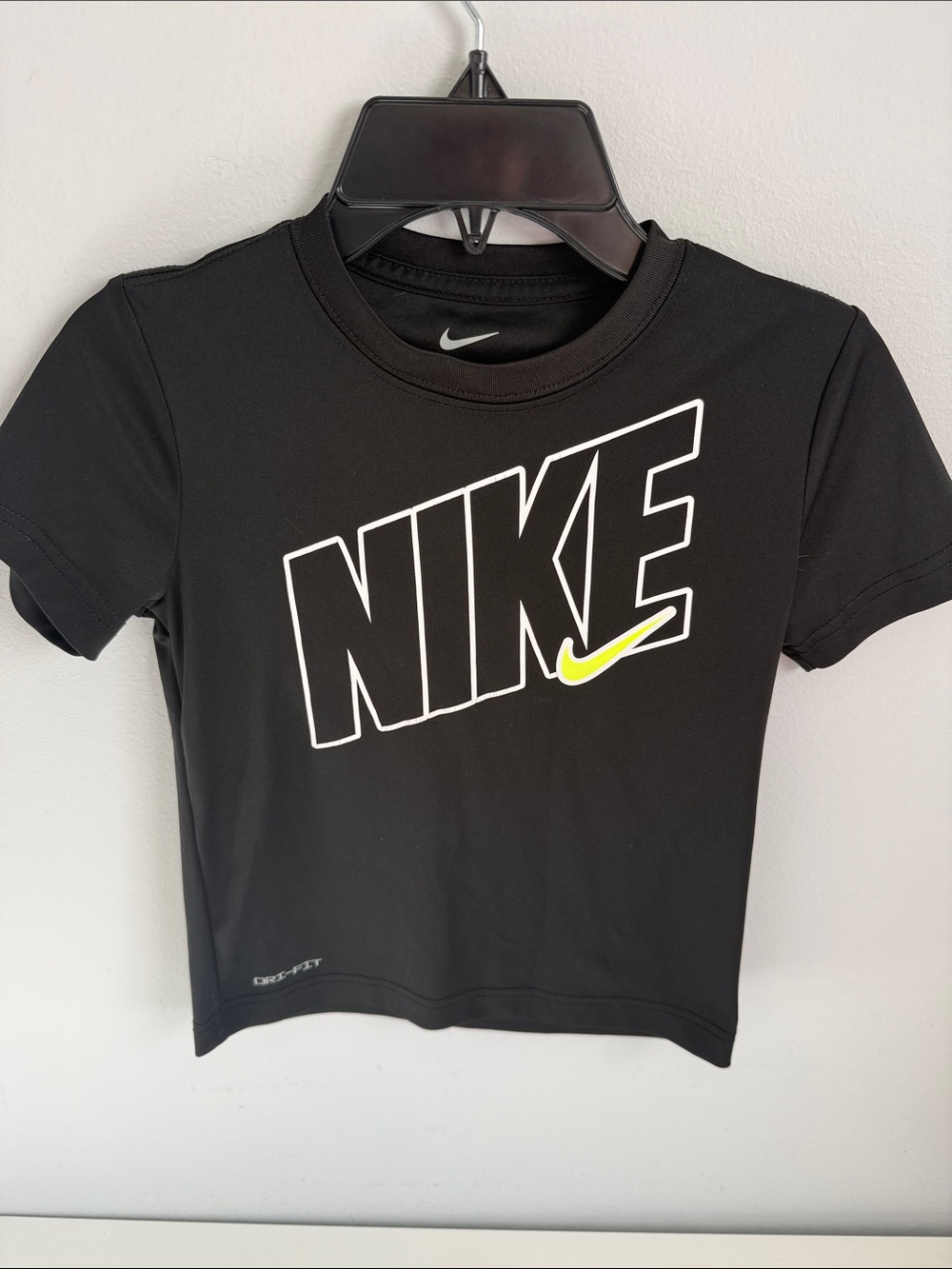 Nike Black Short-Sleeve Tee with White Outline Logo and Neon Yellow Swoosh